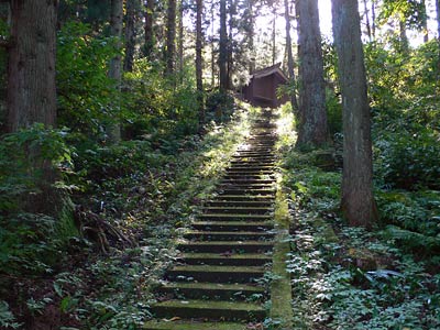 村松町水戸野の白山神社参道から社殿を見上げる