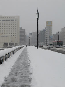 雪の万代橋を渡る（2012年）