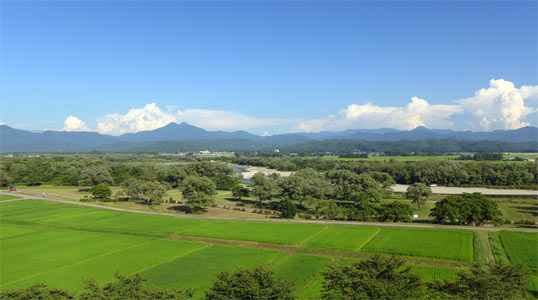 村上市鵜渡路の十二所神社から鷲ケ巣山の眺望